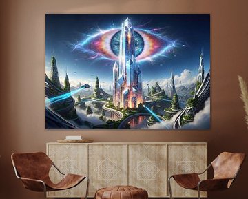 Paysage urbain futuriste avec des structures cristallines et des éléments célestes sur Markus Gann