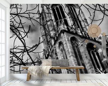 De Utrechtse Dom bekeken door kale wintertakken (monochroom)