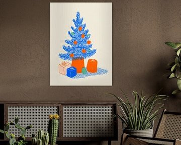 Speelse kerstboom met cadeaus – vrolijk en minimalistisch ontwerp in felle kleuren van But First Framing