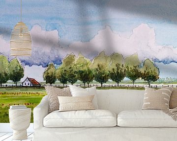 Het Groninger Landschap | Boerderij in Westerwolde | Aquarel schilderij van WatercolorWall