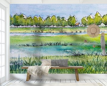 Het Groninger Landschap | Westerwoldsche Aa | Aquarel schilderij van WatercolorWall