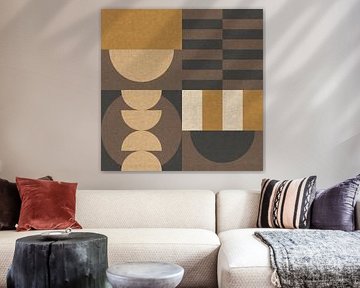 Geometrisches Retro-Bauhaus-Muster in Braun, Schwarz und Gelb