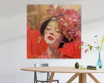Aziatisch vrouwenportret met kimono in roodtinten van Joyce de Jong