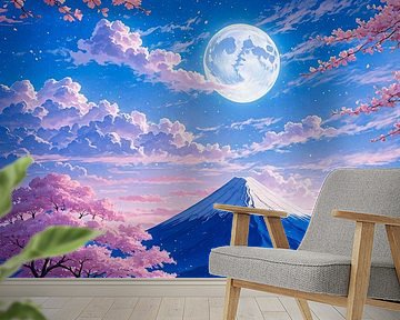 Volle maan Mount Fuji kersenbloesem Japan