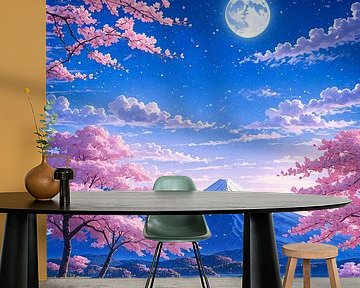 Volle maan Mount Fuji kersenbloesem Japan