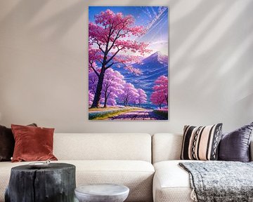 Sunset Mountain Cherry Blossom Sakura by Ruzerin