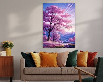 Sunset Mountain Cherry Blossom Sakura by Ruzerin