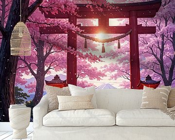 Torii poort kersenbloesem Sakura berg Fuji Japan