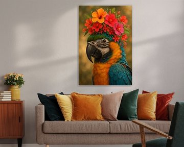 Tropical Parada - parrot with garland of flowers by Kleurenrijk