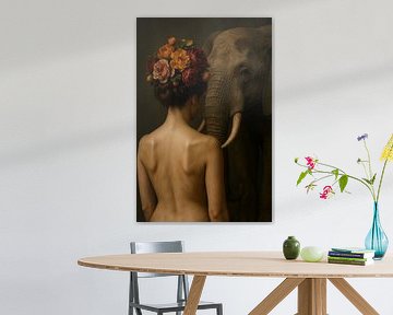 Silent encounter - woman and elephant with garland of flowers