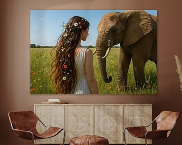 Natural Harmony - woman with wild flowers and elephant