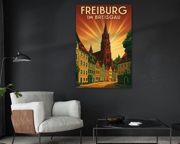 Freiburg Reiseposter - Historische Altstadt Art Deco Druck