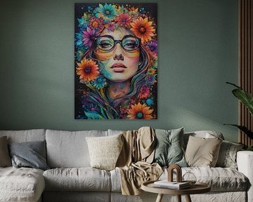 Fille portant des lunettes de soleil avec une fleur Portrait abstrait par éclaboussures