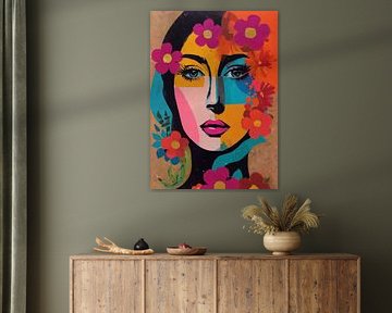 Portrait abstrait d'une fille colorée avec une fleur