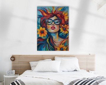 Fille portant des lunettes de soleil avec une fleur Portrait abstrait par éclaboussures