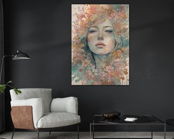 Portrait abstrait surréaliste d'une fille avec des fleurs