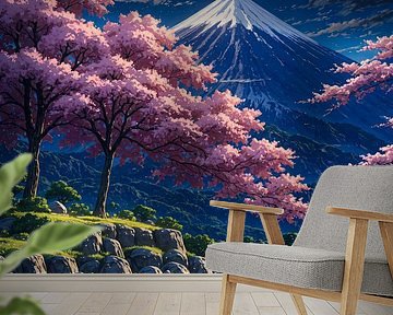 Maanverlichte kersenbloesem Sakura Mount Fuji Japan Landschap