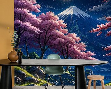 Maanverlichte kersenbloesem Sakura Mount Fuji Japan Landschap