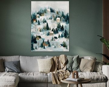 Verschneite Landschaft mit Winterdorf von Gypsy Galleria