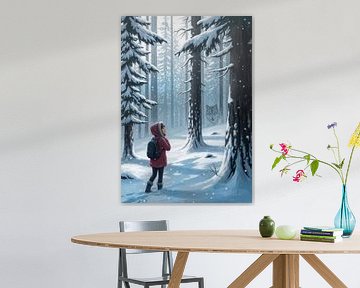 Vrouw in rode jas in sneeuwbos met wolf van Markus Gann