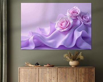 Drie roze rozen op lavendelkleurige stof van Markus Gann