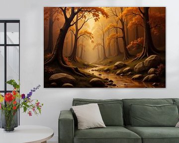 Herfstbosbeek met rotsen en bomen
