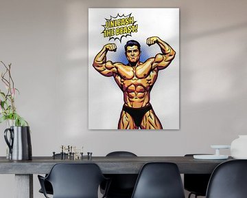 Illustrierter Bodybuilder, der sich mit Sprechblase beugt von Markus Gann