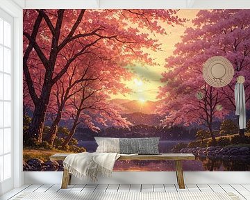 Kersenbloesem Sakura Meer Rivier Zonsondergang Lente Japan