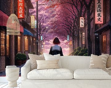 Anime Meisje Kersenbloesem Sakura Lente Tokio Straat Japan