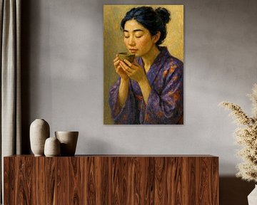 Japanse theeceremonie in paarse kimono (rust, zen, meditatie, traditie, Japanse vrouw) van Natalie Bruns