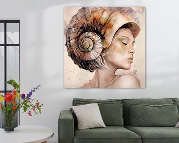 Aquarellbildnis einer Frau mit Muschel