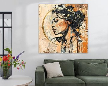 Portrait woman in orange black gold and beige