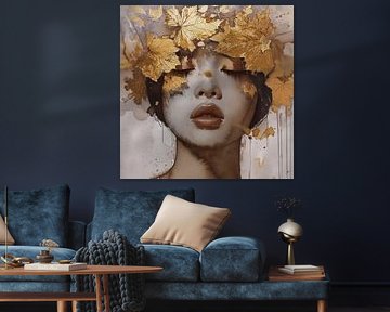Autumn portrait woman with golden leaves - watercolour painting by Joyce de Jong
