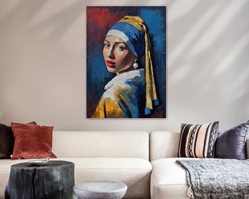 La fille à la perle d'oreille abstrait bleu et rouge sur MIROKKU