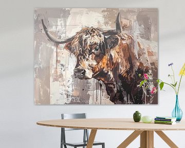Schotse hooglander met hoorns - kunstwerk in taupe beige creme r van Emiel de Lange