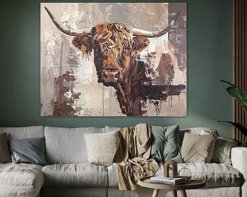 Schotse hooglander met hoorns - kunstwerk in taupe beige creme r van Emiel de Lange