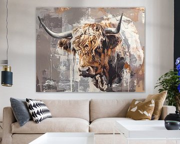 Schotse hooglander met hoorns - kunstwerk in taupe beige creme r van Emiel de Lange