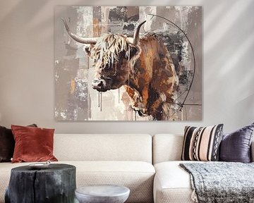 Schotse hooglander met hoorns - kunstwerk in taupe beige creme r van Emiel de Lange