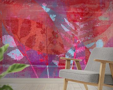 Moderne botanische Mischtechnik in Korallenrot und Flieder