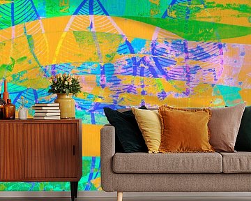 Abstrakte Botanische Mischtechnik in grün, gelb und blau