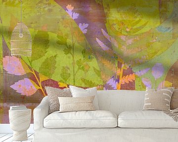 Modernes botanisches Mixed Media Art in Zitronengelb und Rosa