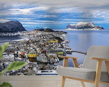 Uitzicht op de stad Ålesund in Noorwegen vanaf de plaatselijke berg Aksla