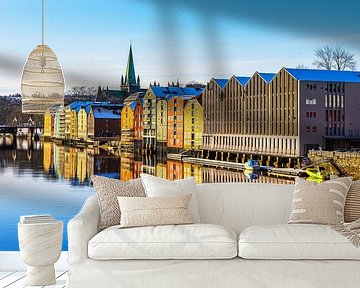 Uitzicht op kleurrijke huizen bij de rivier Nidelva in de stad Trondheim