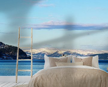 Bergen en schip in de winter bij Trondheim in Noorwegen