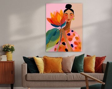 Woman with large orange flower - modern illustration in bright colours and patterns