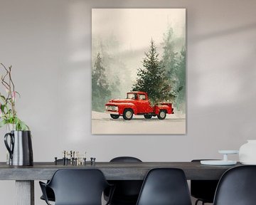 Rode vintage truck met kerstboom – sfeervol winters tafereel in de sneeuw van But First Framing