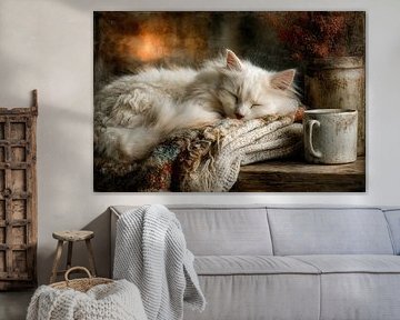Sleeping white cat on plaid - Warm Painting by Joriali photography and paintings
