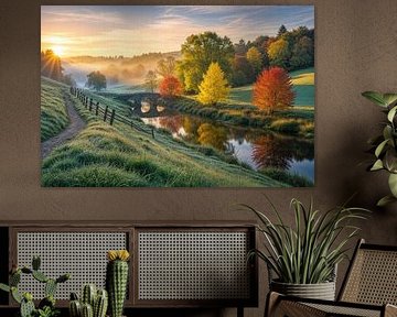 Herfstlandschap met stenen brug, rivier en zonsopgang