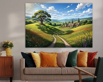 Paysage rural avec chalets, chemin et arbre sur Markus Gann