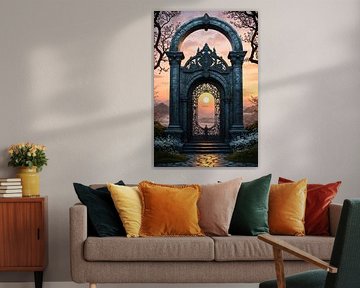 Ancienne porte en pierre ornée encadrant le soleil couchant au-dessus des nuages sur Markus Gann